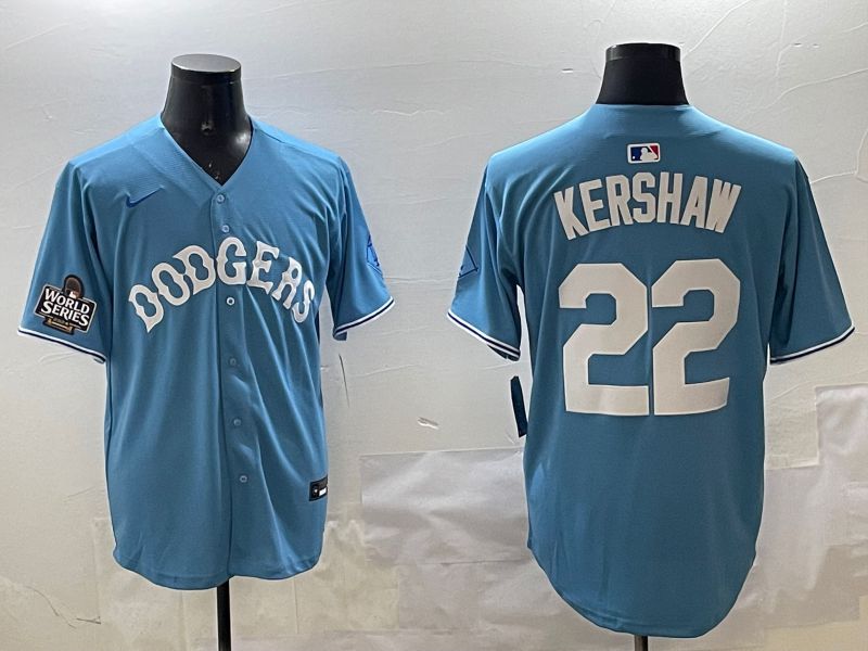 Men Los Angeles Dodgers #22 Kershaw Light Blue Joint Name 2025 Nike MLB Jersey style 2